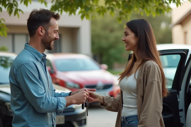 Homme souriant remettant les clés à une femme devant une voiture