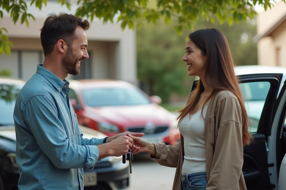 Homme souriant remettant les clés à une femme devant une voiture