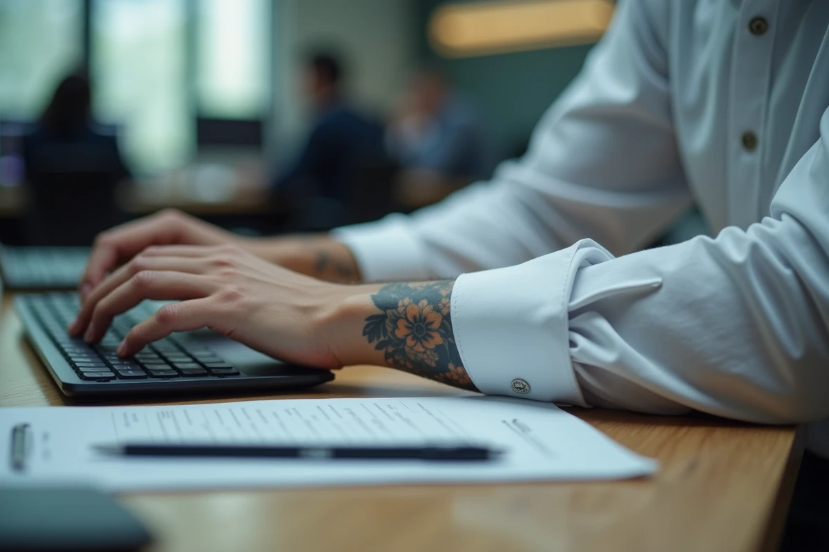 Visible tattoo on the forearm of a professional in a white shirt in an office, symbolizing dress code restrictions in companies