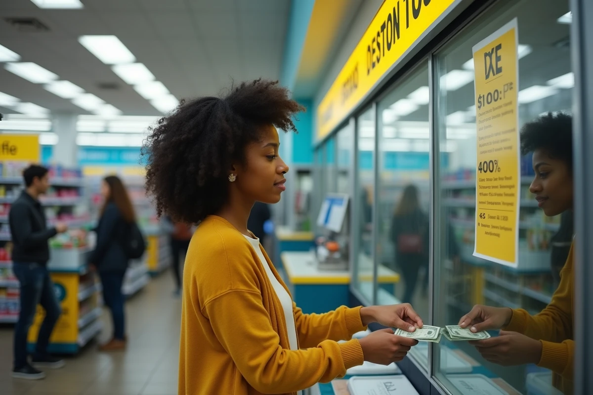 Femme effectuant un transfert d'argent Western Union au guichet d'un commerce avec affichage des frais