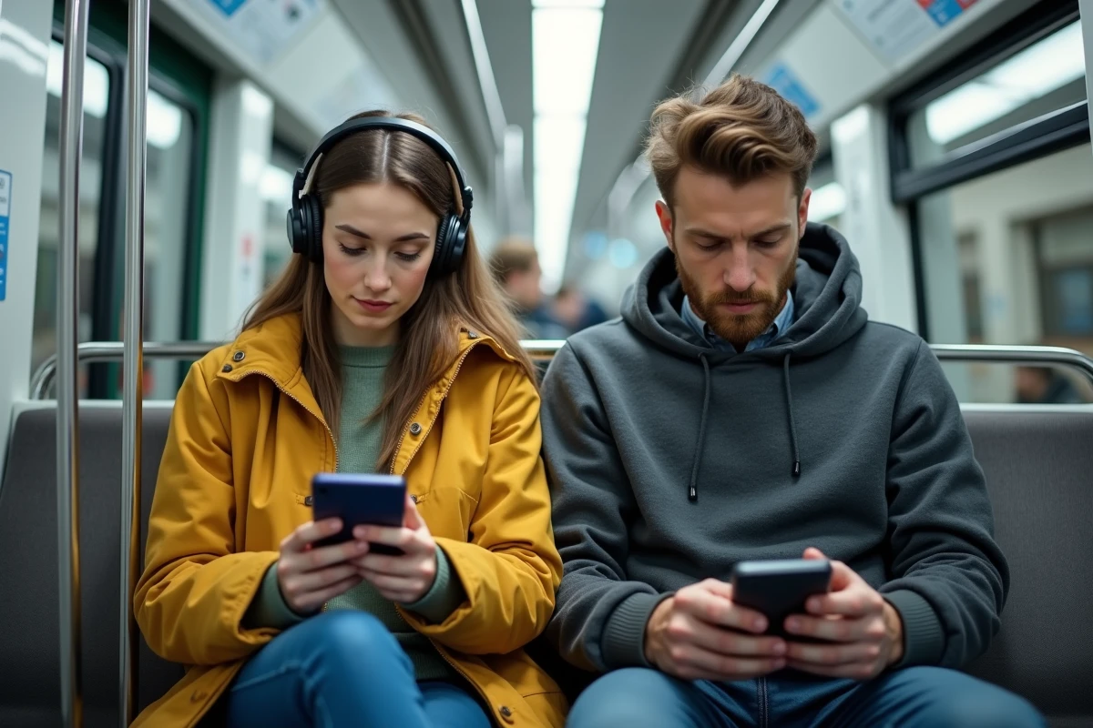 Deux personnes utilisant des appareils numériques dans un wagon de métro urbain moderne