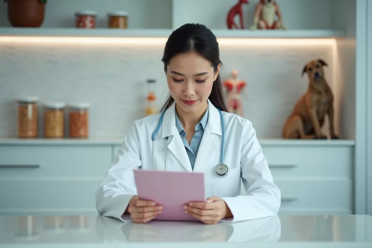 Vétérinaire femme en blouse blanche examine nourriture pour animaux