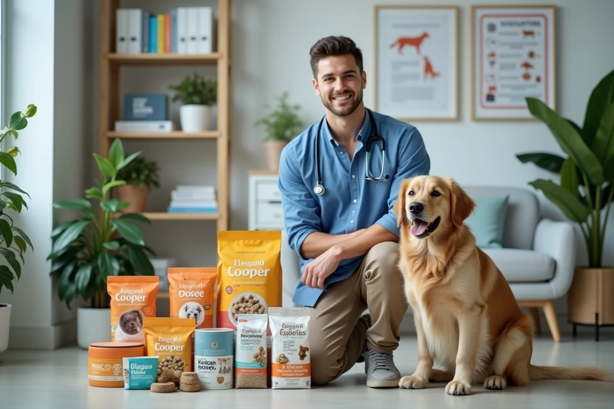 Vétérinaire homme avec chien et produits pour animaux